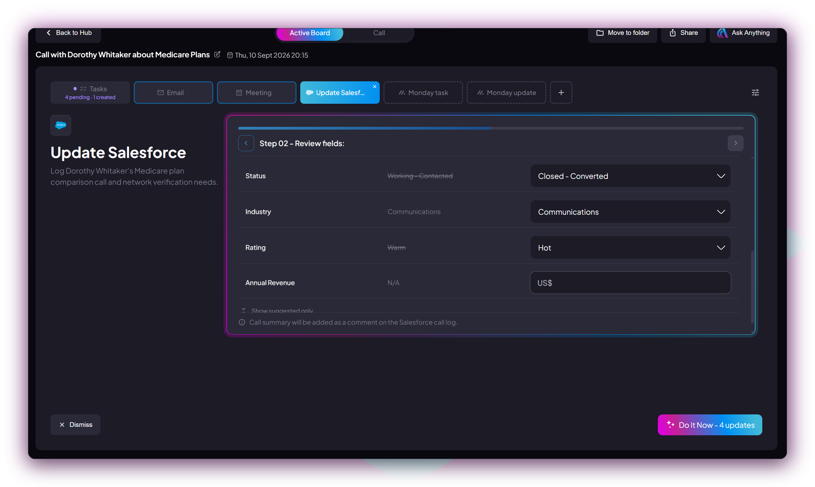 Active Board Salesforce step updating Status, Industry, Rating and Annual Revenue, with the old values struck through and the new values ready to approve.