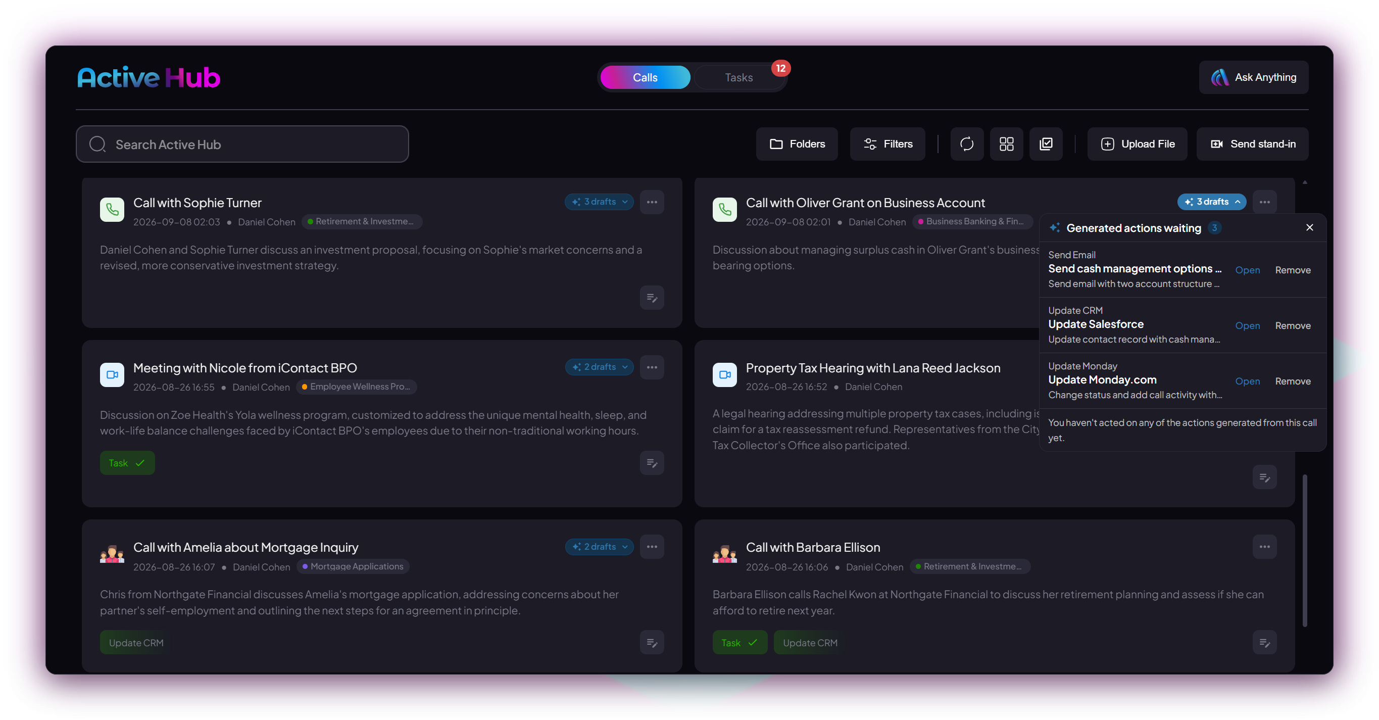 The Active Hub with the actions generated from a call waiting for review: a cash-management email to send, a Salesforce update and a Monday.com update.