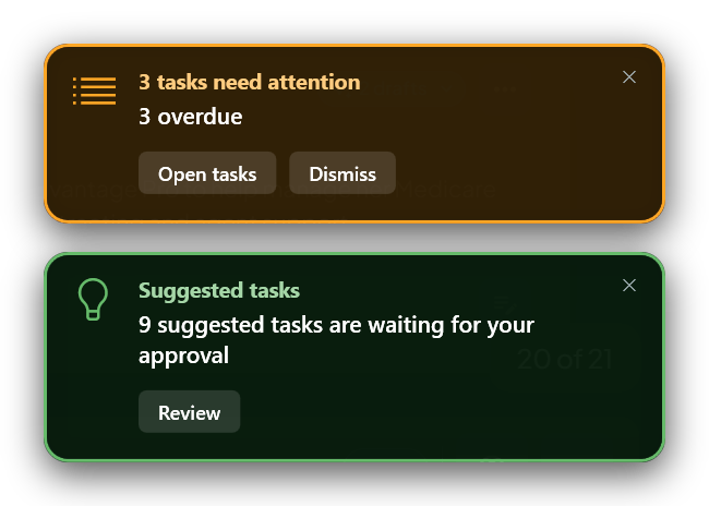 Two notifications: three tasks need attention, three of them overdue; and nine suggested tasks waiting for approval.