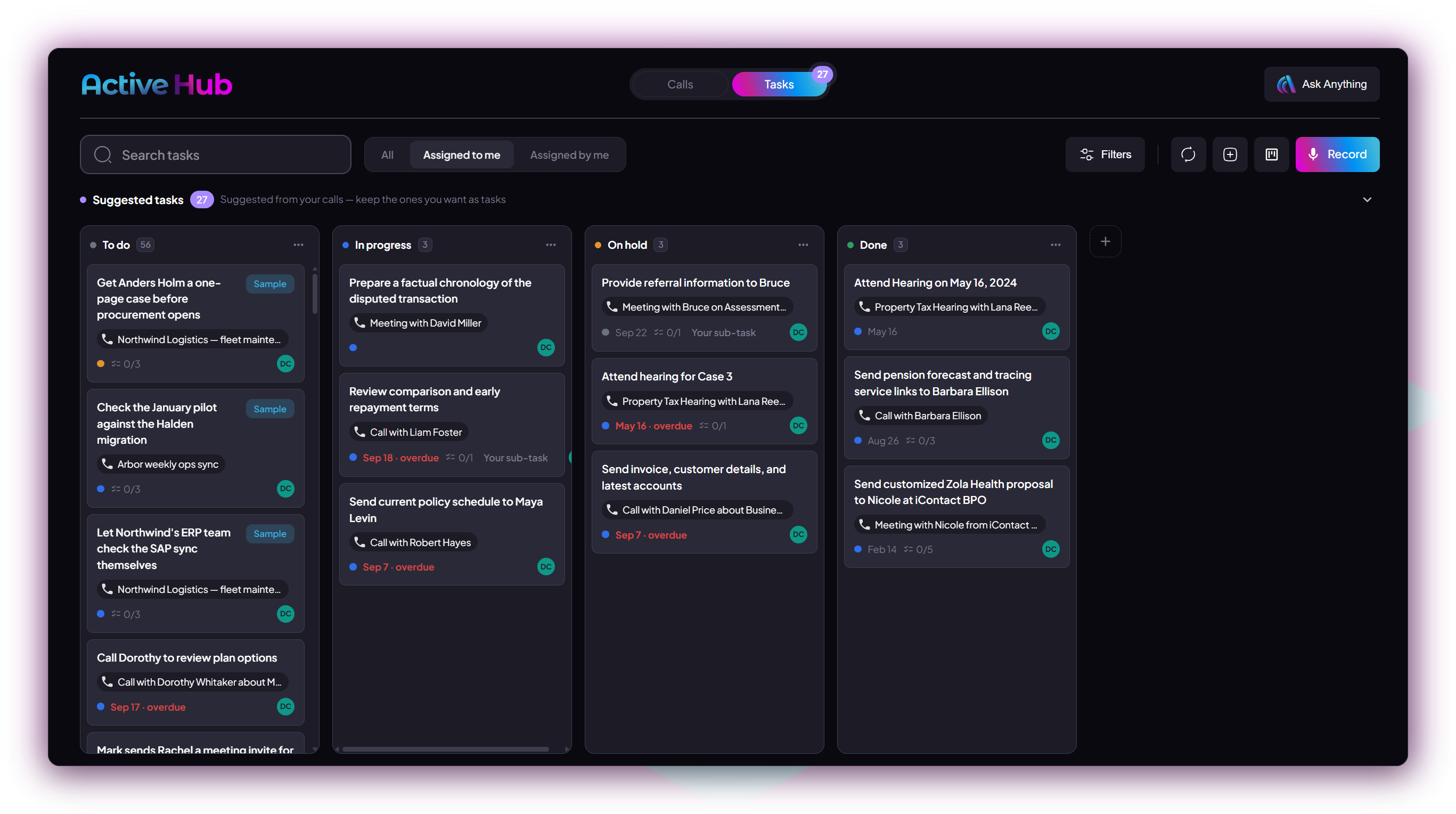 Tasks on a board by status — to do, in progress, on hold, done — each linked to the call it came from, with due dates and sub-tasks.