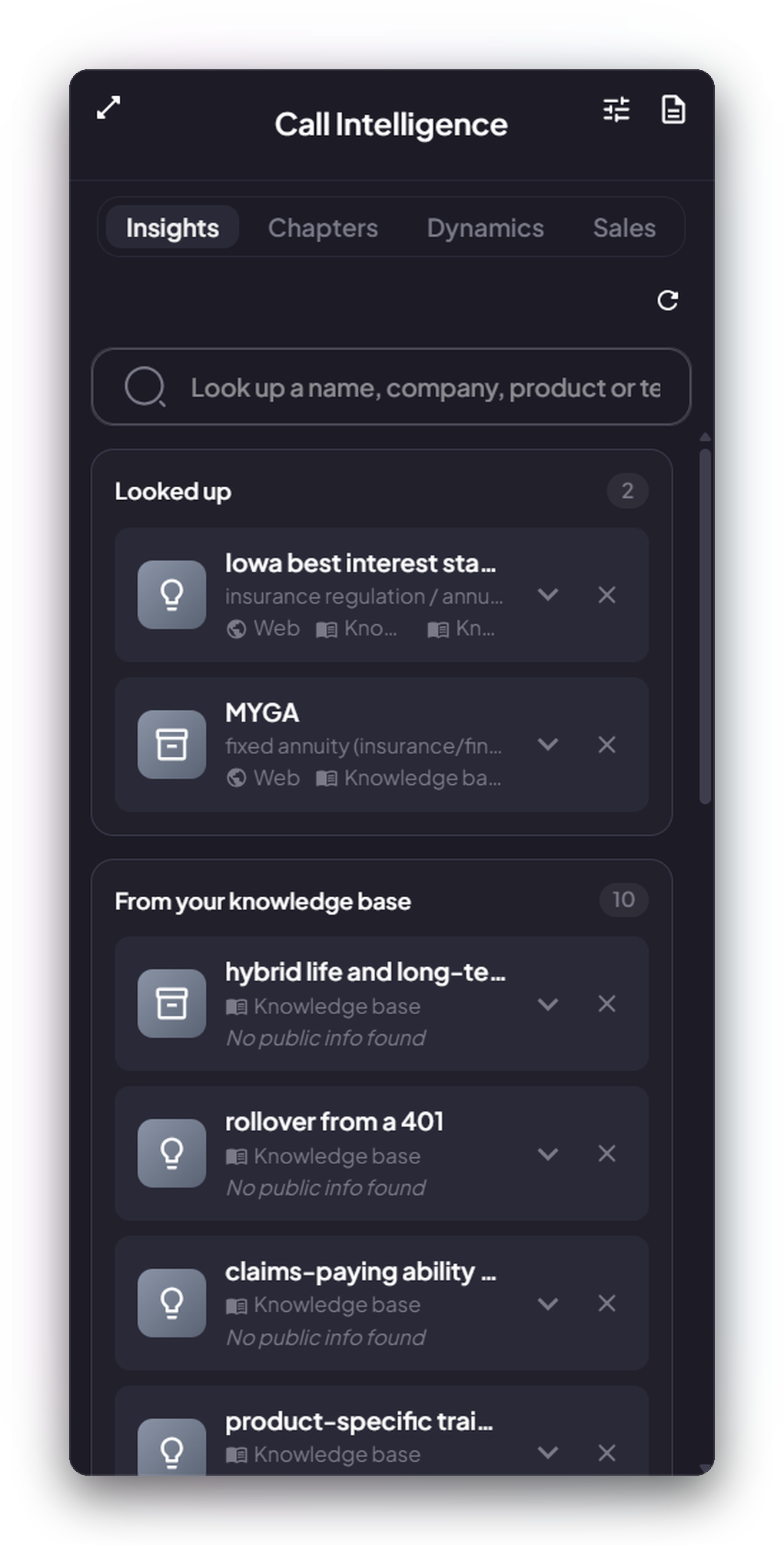 Call Intelligence panel with Iowa best interest standard and MYGA looked up during the call, plus matches from the company knowledge base