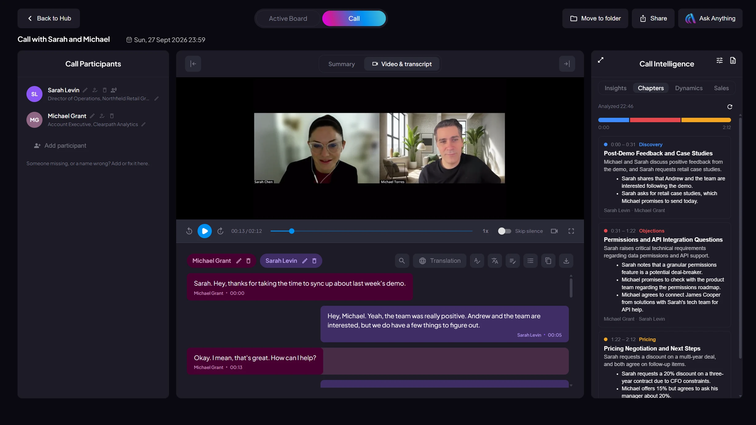A video meeting in ActiveLens: the participants on the left, the video with the transcript under it, and the meeting's chapters on the right.