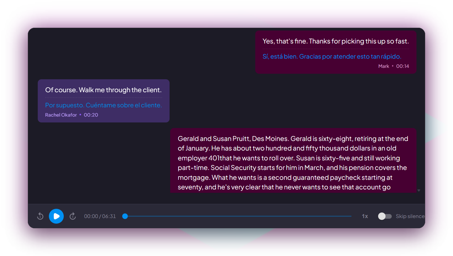 Speaker-separated transcript with each message translated into Spanish, and a playback bar.