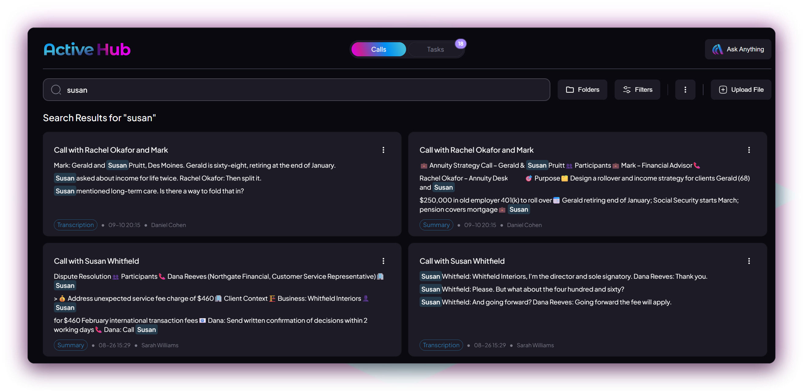 Active Hub search for “susan”, with matches from call transcripts and summaries.